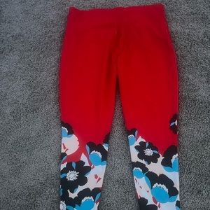 work out red white cream and blue floral leggings